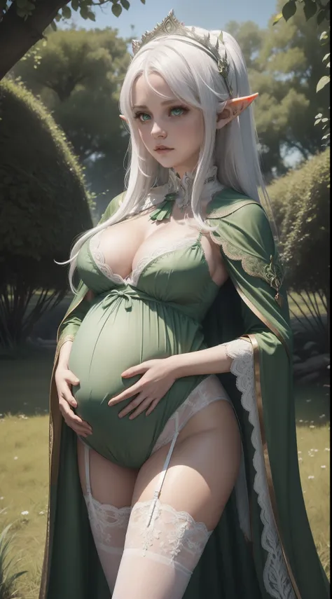 the elf，(White hair)，pointy ears，Crucifer-shaped pupil，A shy expression，Lace lingerie big breasts，Green translucent cloak，simplebackground，themoon，The breath of life，green color，grassy fields，A huge tree of life，The breath of green life，Gentle and powerful...