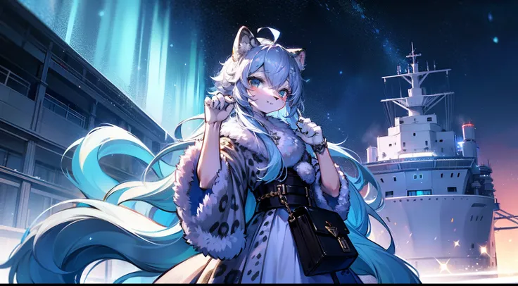 Furry mascot，Standing furry，Handsome and furry，Furry Fur，Standing furry fur，Furry snow leopard，Standing snow leopard，Lovely image，snow leopard，Cute furry，Large research vessels，Snow leopard on ice，Beautiful aurora，Look at the aurora, Long, Fluffy tail，In t...