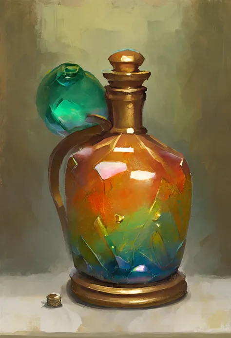 round luminous green iridescant potion, with a fancy metallic bronze brodery details motifs, gaming assets style potion with liege cap