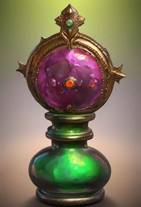 round luminous green iridescant potion, with a fancy metallic bronze brodery details motifs, gaming assets style potion with liege cap