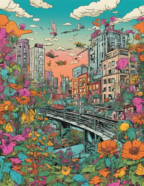 an illustration of a bridge and the city with lots of flowers, in the style of vivid comic book artist, the new york school, robert munsch, conceptual street art, cinestill 50d, naturalistic depictions of flora and fauna, playful cartoons