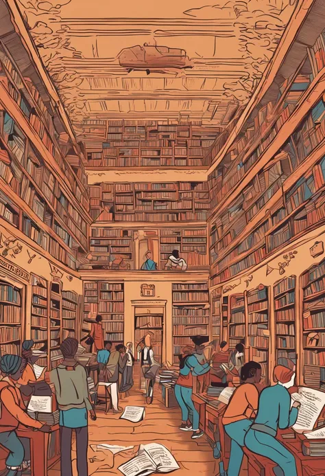 This illustration is set against a welcoming backdrop，It shows a group of dynamic students participating in the recruitment activities of the literary club。In the center of the picture，There is a magnificent library，Symbolizes the treasure trove of knowled...