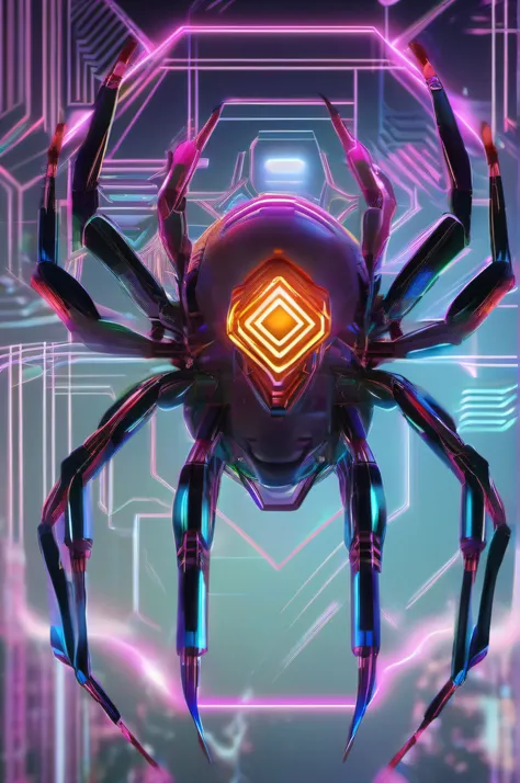 ((best quality)), ((masterpiece)), (detailed), (realistic), "Spider symbol in the style of a futuristic holographic design: 1.2), (neon colors and geometric shapes: 1.1), (cyberpunk aesthetic: 1.2), (3D rendering, high resolution: 1.3), (perspective shot, ...