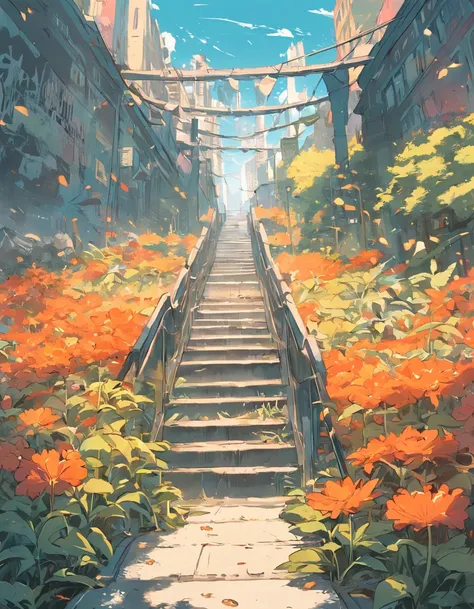 an illustration of a bridge and the city with lots of flowers, in the style of vivid comic book artist, the new york school, robert munsch, conceptual street art, cinestill 50d, naturalistic depictions of flora and fauna, playful cartoons