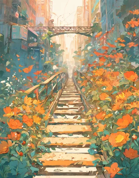 an illustration of a bridge and the city with lots of flowers, in the style of vivid comic book artist, the new york school, robert munsch, conceptual street art, cinestill 50d, naturalistic depictions of flora and fauna, playful cartoons