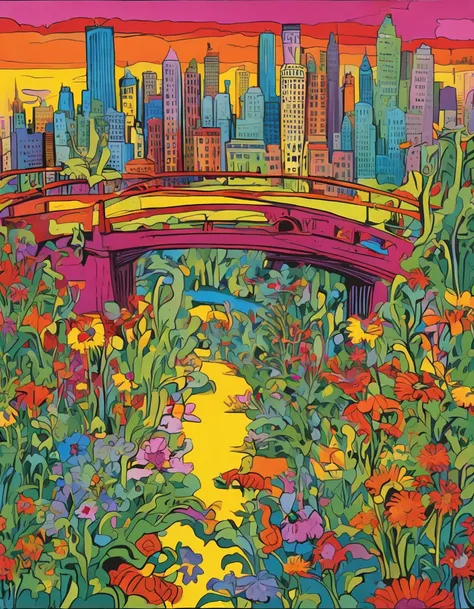 an illustration of a bridge and the city with lots of flowers, in the style of vivid comic book artist, the new york school, robert munsch, conceptual street art, cinestill 50d, naturalistic depictions of flora and fauna, playful cartoons