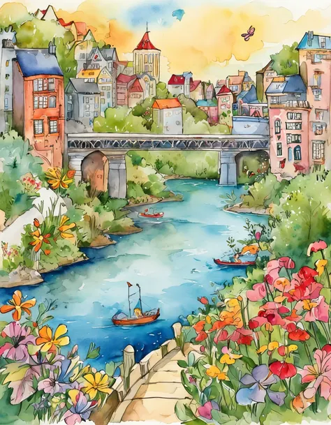 an illustration of a bridge and the city with lots of flowers, in the style of vivid comic book artist, the new york school, robert munsch, conceptual street art, cinestill 50d, naturalistic depictions of flora and fauna, playful cartoons