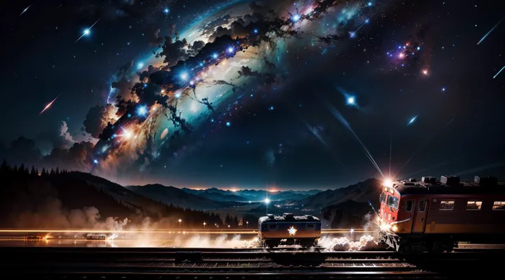 A train moving through the stars of the universe