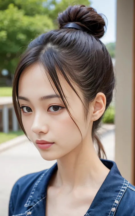 ((Best Quality, 8K, masutepiece: 1.3)), (Sharp Focus: 1.2), 1 girl, Face shot, close-up, Neat and clean beauty, 20 years old, Japanese, Looking away, Classy and elegant, Slightly open mouth, Cute, Shy, A pretty girl with perfect figure, ((low ponytail hair...