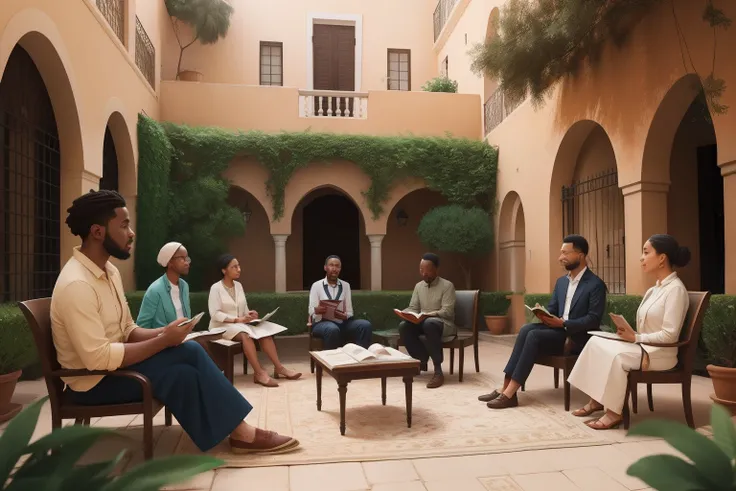 Year: 2020
Country: Libya
Description: In a charming courtyard of an elegant colonial-style building, a group of friends gathers for a poetry reading. The warm daylight illuminates their animated discussions, showcasing their shared passion for literature ...