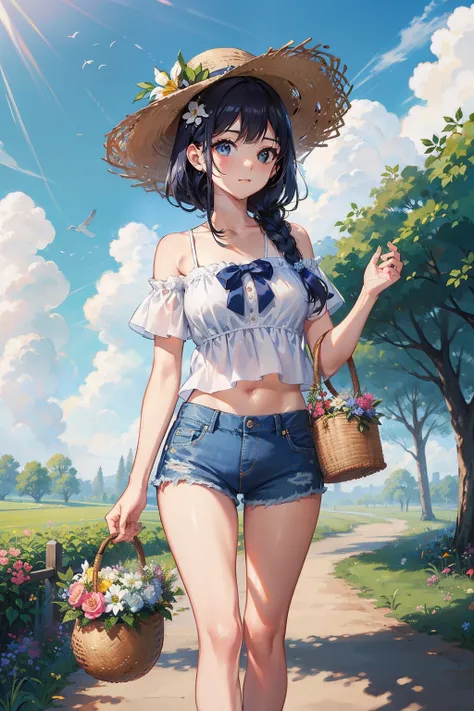 tmasterpiece，super high image quality，独奏，a pregirl，beauitful face，cabelos preto e longos，Flower straw hat，White top，denim short，smallunderboob，exteriors，In the fields，Walk on idyllic paths，Holding a basket of flowers，laid back，with blue sky and white cloud...