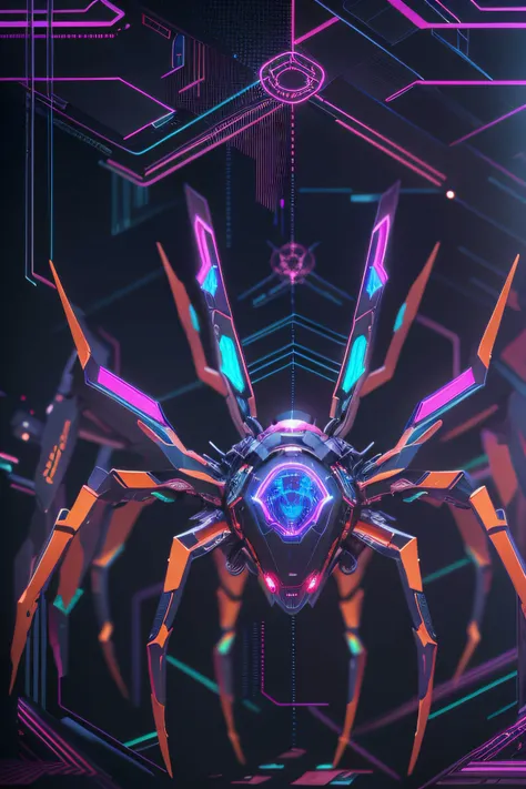 ((best quality)), ((masterpiece)), (detailed), (realistic), "Spider symbol in the style of a futuristic holographic design: 1.2), (neon colors and geometric shapes: 1.1), (cyberpunk aesthetic: 1.2), (3D rendering, high resolution: 1.3), (perspective shot, ...