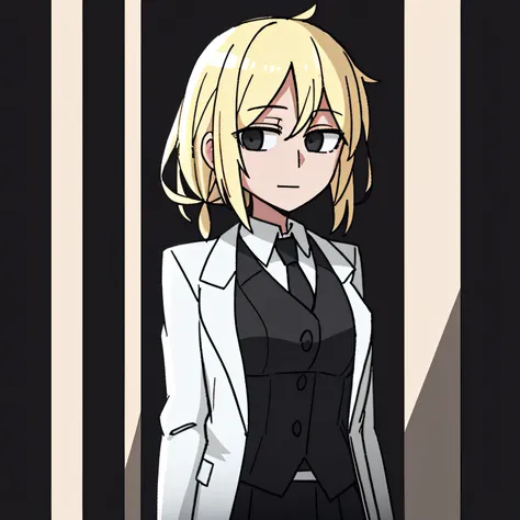 Looking directly at，blond hairbl，white business suit，solid black background，Black eyes，Normal skin color，schoolgirls，A half body，Slight smile，2s，最好质量