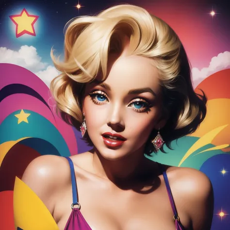 Marylin Monroe in the sky with diamonds, in the style of peter max