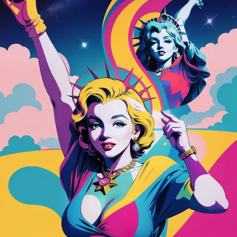 Marylin Monroe in the sky with diamonds, Statue of Liberty in the style of peter max