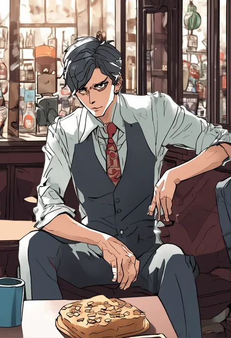 Personagem de anime clasico, mafioso, homem, sentado em uma cadeira, dentro de um bar