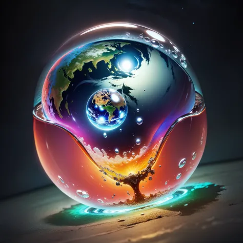 Earth inside a water drop, vibrant colours, volumetric light