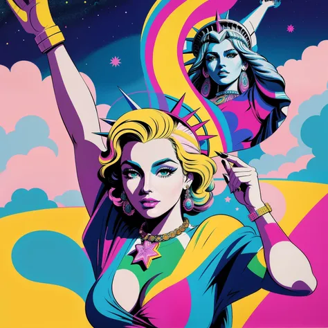 a close up of a woman with a statue of liberty on her head, jen bartel, inspired by Victor Moscoso, lisa frank & sho murase, in style of pop - art, by Victor Moscoso, fantasy pop art, by Dave Arredondo, by Mario Bardi, a pop art painting, pop art masterpie...