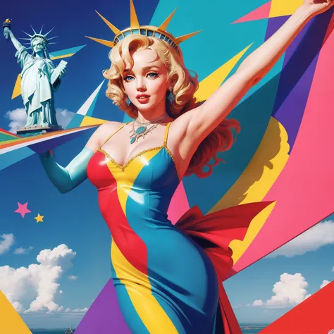 Marylin Monroe in the sky with diamonds, Statue of Liberty in the style of peter max