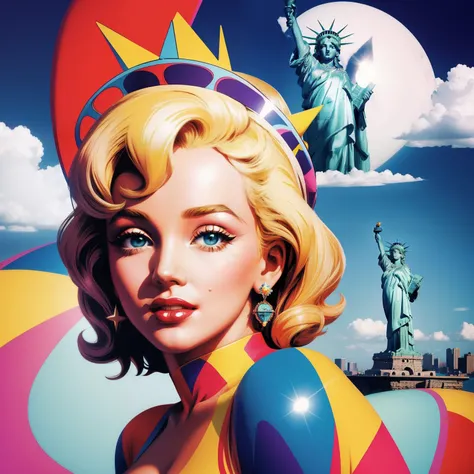 Marylin Monroe in the sky with diamonds, Statue of Liberty in the style of peter max