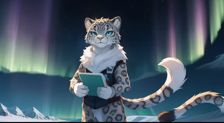 Furry mascot，Standing furry，Handsome and furry，The male，Furry Fur，Standing furry fur，Furry snow leopard，Standing snow leopard，Lovely image，snow leopard，Cute furry，Large icebreakers，Research station，Snow leopard on ice，Beautiful aurora，Look at the aurora, L...