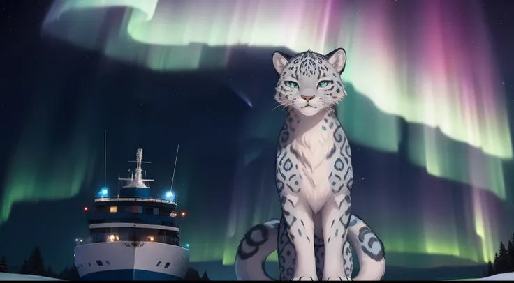 Furry mascot，Standing furry，Handsome and furry，The male，Furry Fur，Standing furry fur，Furry snow leopard，Standing snow leopard，Lovely image，snow leopard，Cute furry，Large icebreakers，Research station，Snow leopard on ice，Beautiful aurora，Look at the aurora, L...