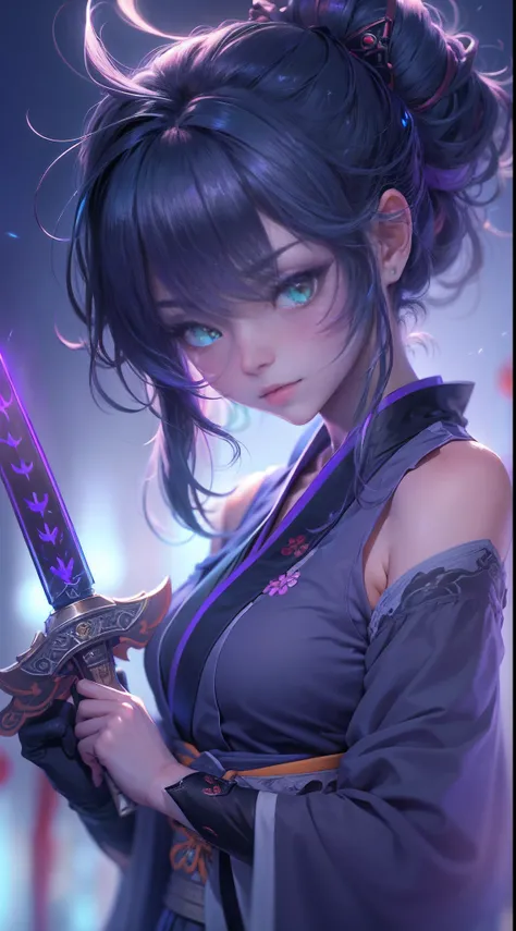 (a beautiful assassin girl), walk toward from the fog, (takes of her mask of hannya from her face), and holds a short Japanese dagger, short ponytail, (green hair),(gradient eye colors), ((bright and clear eye)), (detail face), purple and green eyes, (noct...