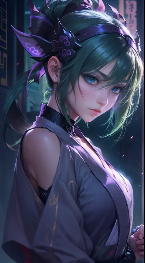 (a beautiful assassin girl), walk toward from the fog, (takes of her mask of hannya), and holds a short Japanese dagger, short ponytail, (green hair),(gradient eye colors), ((bright and clear eye)), (detail face), purple and green eyes, (nocturnal clothes ...