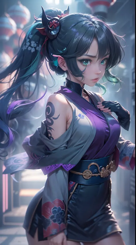 (a beautiful assassin girl), walk toward from the fog, (takes of her mask of hannya with her hands), short ponytail, (green hair),(gradient eye colors), ((bright and clear eye)), (detail face), purple and green eyes, (nocturnal clothes without sleeves), bl...