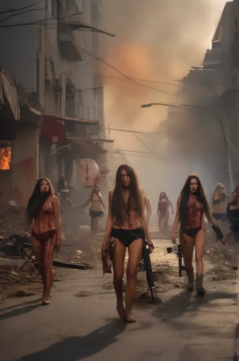 Five tanned naked women with very long hair stumble through the streets of a devastated city with naked, wet bodies and bleeding gunshot wounds. An automatic rifle in their right hand, full of mud, blood and wounds. Explosions and fires everywhere ravage t...