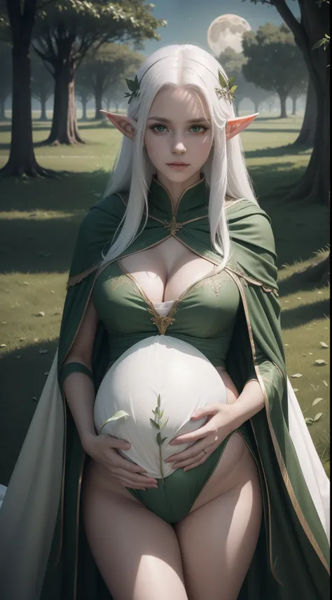 the elf，(White hair)，pointy ears，Crucifer-shaped pupil，Leaf underwear，Cloak of leaves，simplebackground，themoon，The breath of life，green color，grassy fields，The Giant Tree of Life，A breath of green life，Gentle and powerful divinity，Wife-like feeling，Poor mi...