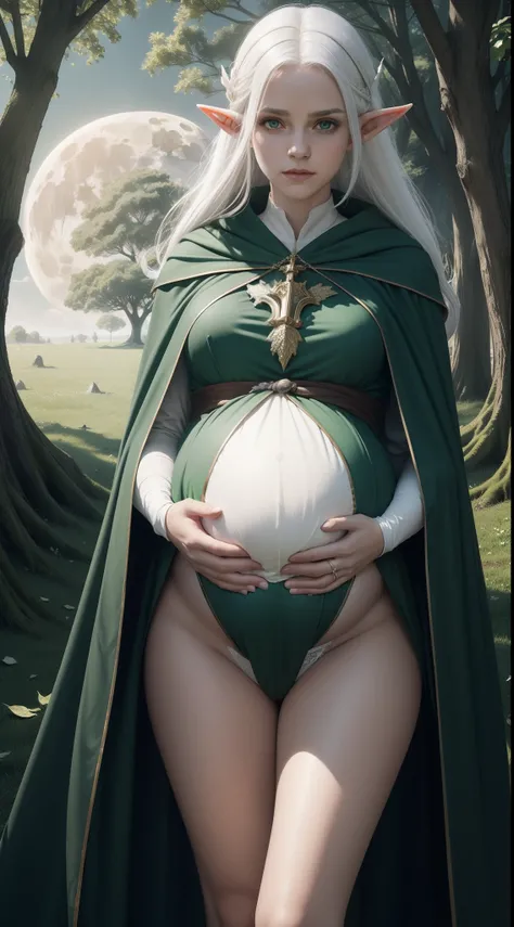 the elf，(White hair)，pointy ears，Crucifer-shaped pupil，Leaf underwear，Cloak of leaves，simplebackground，themoon，The breath of life，green color，grassy fields，The Giant Tree of Life，A breath of green life，Gentle and powerful divinity，Wife-like feeling，Poor mi...