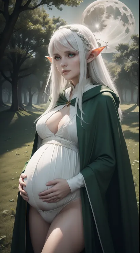 the elf，(White hair)，pointy ears，Crucifer-shaped pupil，Leaf underwear，Cloak of leaves，simplebackground，themoon，The breath of life，green color，grassy fields，The Giant Tree of Life，A breath of green life，Gentle and powerful divinity，Wife-like feeling，Poor mi...