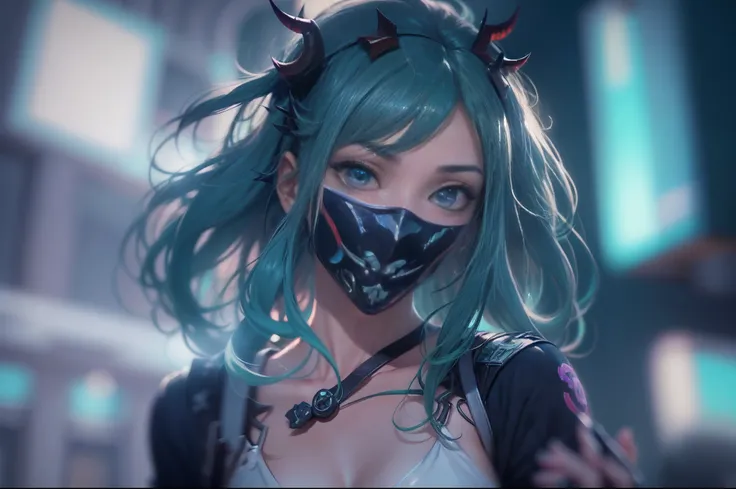 (a beautiful assassin girl), walk toward from the fog,((perfect body shape)), (takes of her mask of hannya with her hands), short ponytail, (green hair),(gradient eye colors), ((bright and clear eye)), (detail face), purple and green eyes, (nocturnal cloth...