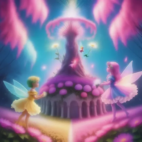 Colorful fairy scenery, with tiny angels flying, huge flowers full of sparkling light.