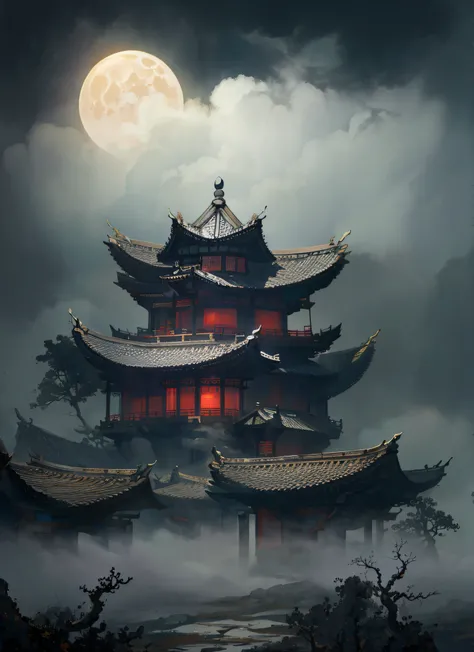 Night or cloudy， Ceiling frescoes， China ink painting， look from down， super perspective，scattered perspective， An infinite extension of the sky， mist， Clouds， Fantasy composition， Neon amber moon， The realm of mystery， Floating forest， mist， Clouds， Huge ...