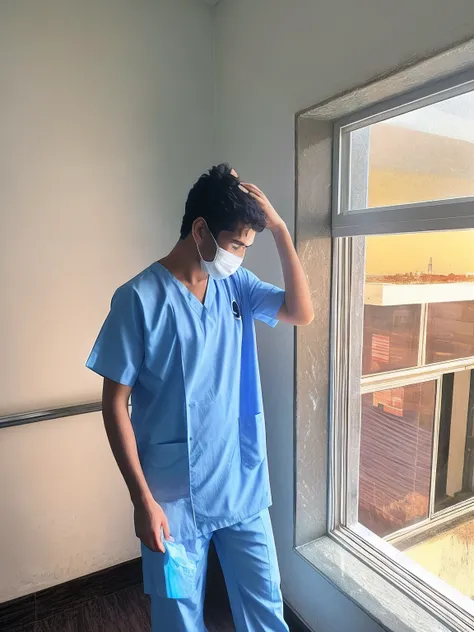 arafed male in scrubs and a mask standing in front of a window, at the hospital in patient gown, wearing a hospital gown, wearing a white hospital gown, healthcare worker, standing near a window, in a decayed hospital room, hospital, hospital in background...