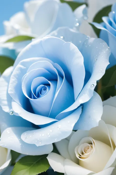 There is a kind of rose，This is light blue，The petals are as deep as seawater，Crystal clear as dewdrops，There are many green leaves on the flower branches，There are also many crystal white roses，You can feel the loyalty and purity of love，k hd、high high qu...