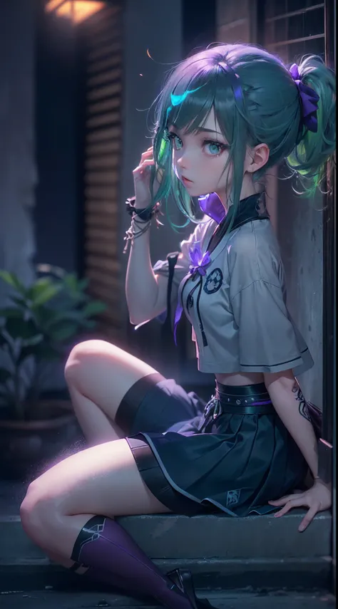 (a beautiful assassin girl), (kneel down with one knee),((perfect and thin)), short ponytail, (green hair),(gradient eye colors), ((bright and clear eye)), green eyes, (nocturnal clothes without sleeves), black short nocturnal skirt, Japanese shrine in the...