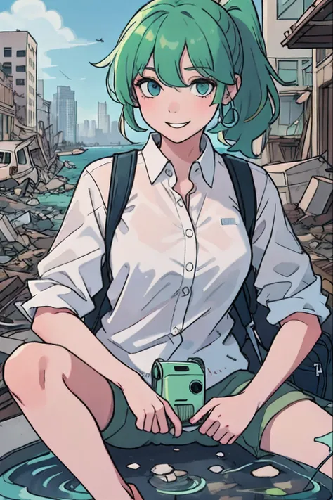 Ruins、Crumbling skyscrapers background、puddles、girl with、Green hair、Big Ponytail、white  shirt、Skinny Good、backpack、A smile、blue-sky、Broken car、A lonely city、Sea level rise、