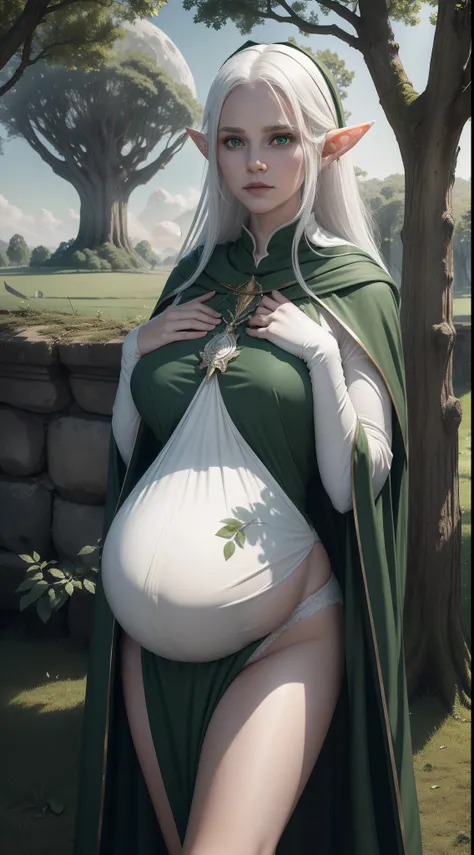 the elf，(White hair)，pointy ears，Crucifer-shaped pupil，Leaf underwear，Cloak of leaves，simplebackground，themoon，The breath of life，green color，grassy fields，The Giant Tree of Life，A breath of green life，Gentle and powerful divinity，Wife-like feeling，Poor mi...