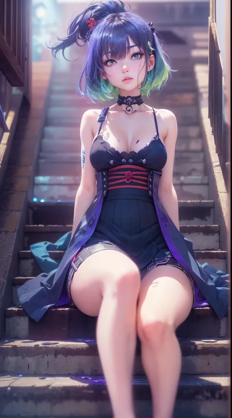 (a beautiful assassin girl), (sit on the stairs),((perfect and thin)), short ponytail, (green hair),(gradient eye colors), ((bright and clear eye)), green eyes, (nocturnal clothes without sleeves), black short nocturnal skirt, (Japanese shrine), ((rapid li...