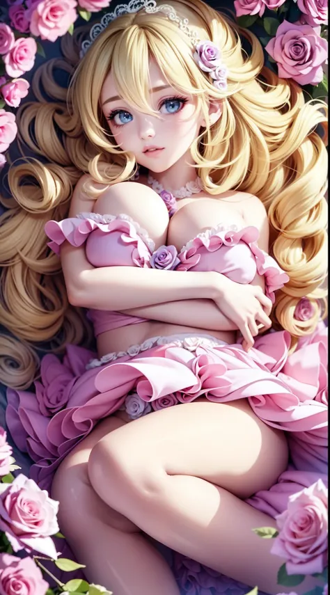 Beautiful and fantastic art illustration，Cartoon animation style，A super cute beautiful and pure blonde wavy curly girl，Hug the kitten，Romantic roses，Cream rose，Pink-purple roses，Lie in the flowers，Clusters and clumps，Wonderful，Best quality at best，A high ...