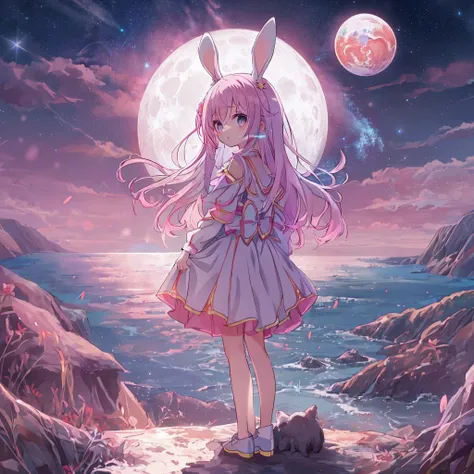 absurderes, hight resolution, (Anime style:1.1), ((masutepiece)), ((Best Quality)), (Ultra-detailed), (Beautiful), 独奏, Beautiful face、(liftup),12year old、cosmic space、beauttiful stars々、Cute girl in rabbit costume standing on the ground on the moon looking ...