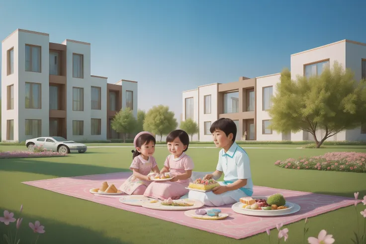 Year: 2010
Country: Kazakhstan
Description: Against the backdrop of modern architecture in Nur-Sultan, an upper-middle-class family in coordinating pastel outfits enjoys a picnic on a manicured lawn, complete with a symmetrical spread of local delicacies.