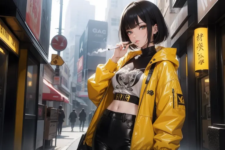 anime girl smoking a ciggaratte, wearing yellow jacket & black pant , stunning lighting , cinematic , hd , black hair , detailed face , detailed eye , detailed hair , detailed outfit , hand holding ciggaratte pack