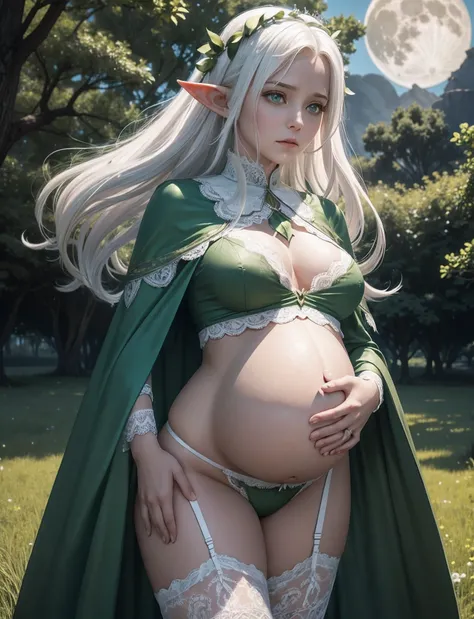 the elf，(White hair)，pointy ears，Crucifer-shaped pupil，A shy expression，Lace lingerie big breasts，Green translucent cloak，with hands behind her back，Hold your belly，simplebackground，themoon，The breath of life，green color，grassy fields，A huge tree of life，T...