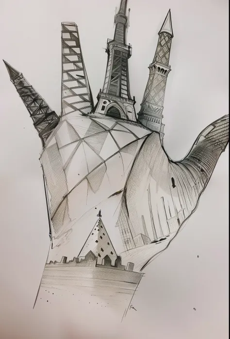 Draw a hand，The five fingers on it are the Eiffel Tower，The Statue of Liberty in the United States，Egyptian pyramids，Leaning Tower of Pisa，Great Wall of China，high detail of a hand, pen and ink drawings, pen and ink on paper, Ink drawing, inked drawing,  d...