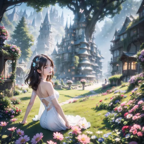 1girl, solo, full body, (masterpiece:1.21), (best quality:1.2), colorful, (illustration:1.2), (cinematic lighting:1.1), (bare shoulders:1.21), (collarbone:1.21) in this whimsical A beautiful and dreamlike garden, the scene is illuminated by a rainbow (colo...