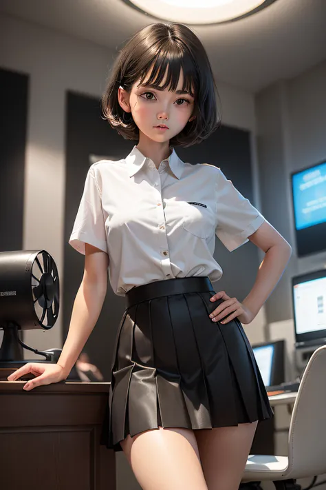 （Beautiful girl of 18 years old，Wear a white shirt，Black pleated skirt，Black silk knee-length stockings，Short brown hair：1.5），
（Stand next to the electric fan：1.5）
（The background is inside an Internet café that is open：1.5）
（Upper body display：1.5）